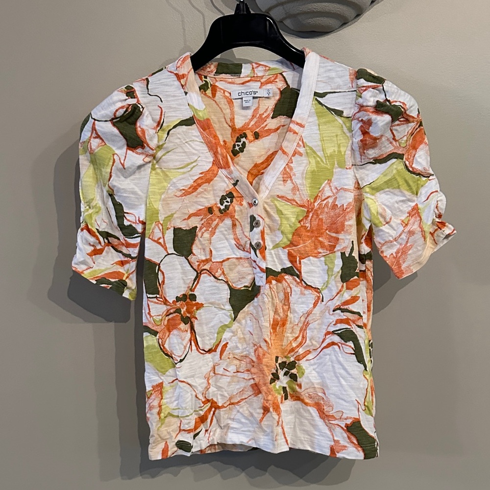 Chico's Vibrant Floral Blouse - Orange and Green